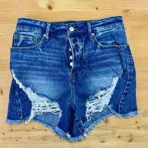 Good American Distressed High‎ Rise Denim Shorts Size 26 Frayed Hem Medium Wash